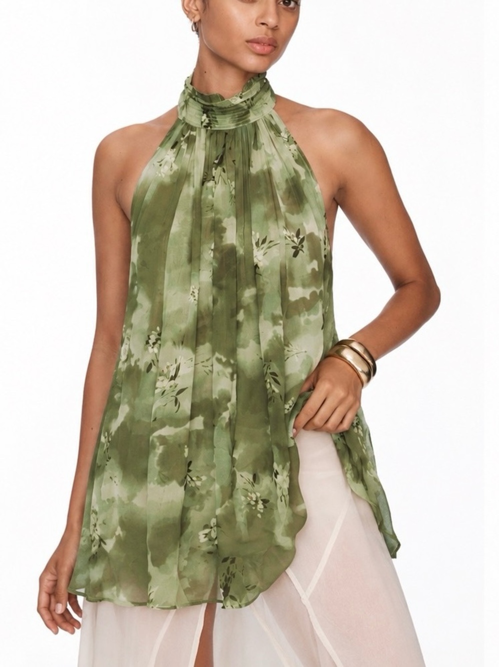 Anthropologie Floral Green Halter Top NWT